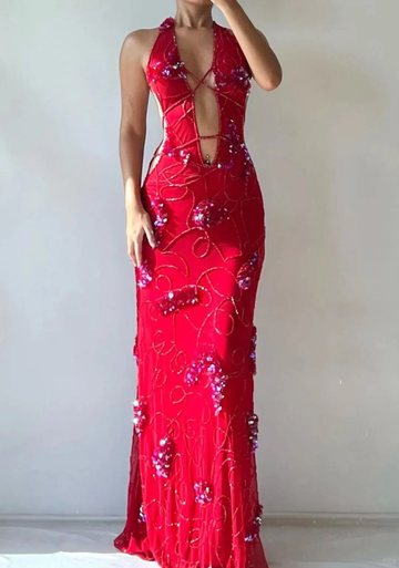 Vintage Sheath V Neck Beaded Sexy Red Chiffon Long Prom Dress Evening Dress HZ1023